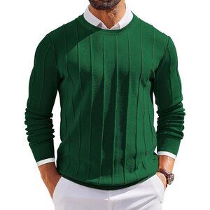 Men’s Crew Neck Sweater Long Sleeve Ribbed Knit Slim Fit Pullover Green Dress